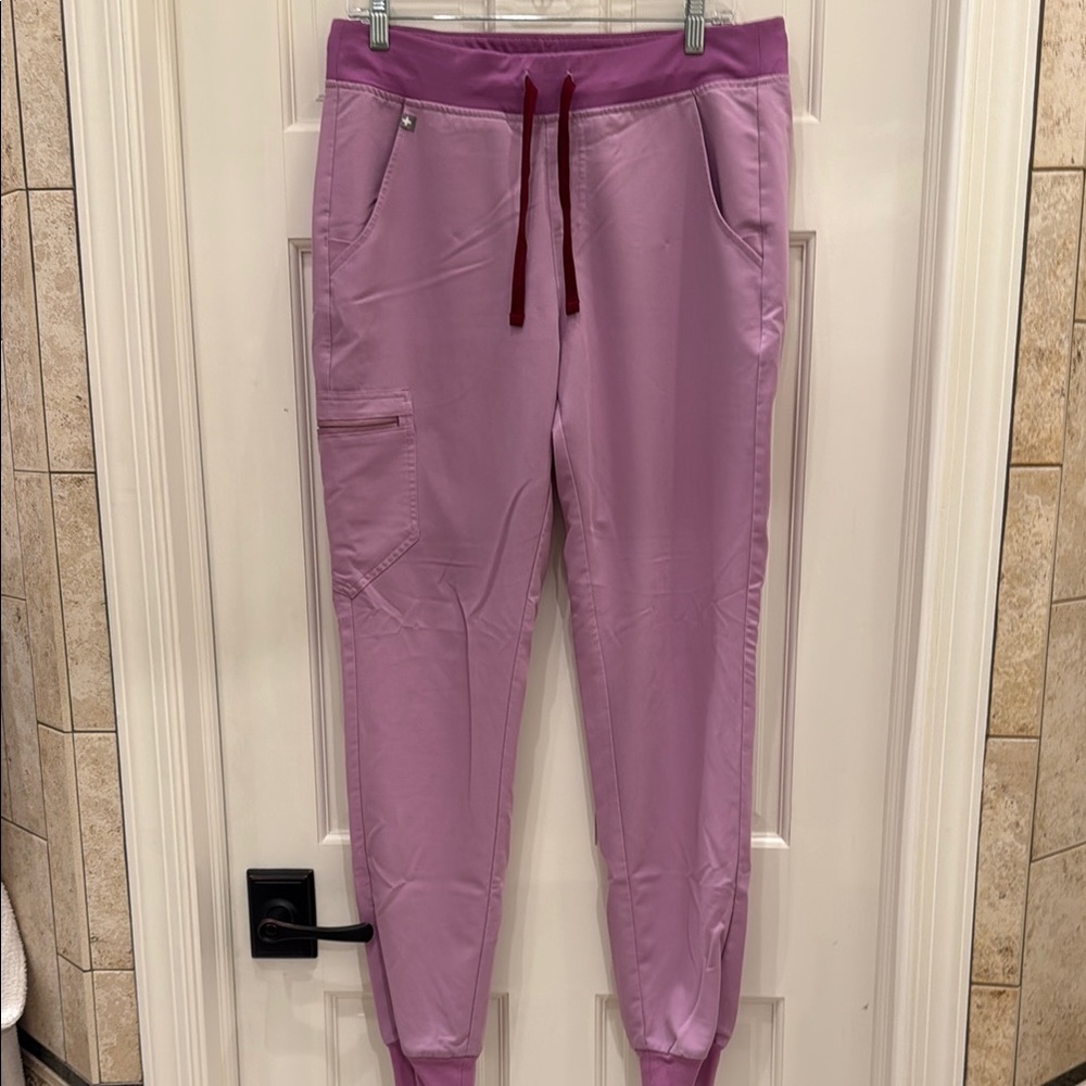 Figs light purple scrub joggers with maroon drawstring